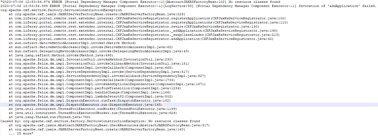Zdjęcie błędu podczas odpalania portalu z błędnym wpisem w tabeli Configuration_ związanym z JAX-RS